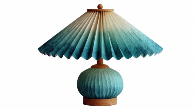 Pleated teal table lamp with wooden base and shade