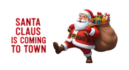 Santa claus is coming to town with a sack full of presents on a black background