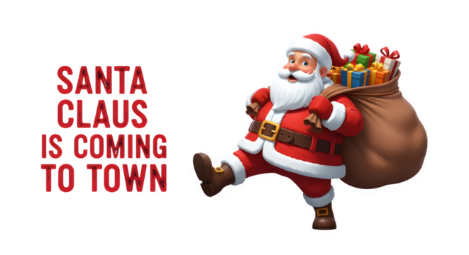 Santa claus is coming to town with a sack full of presents on a black background