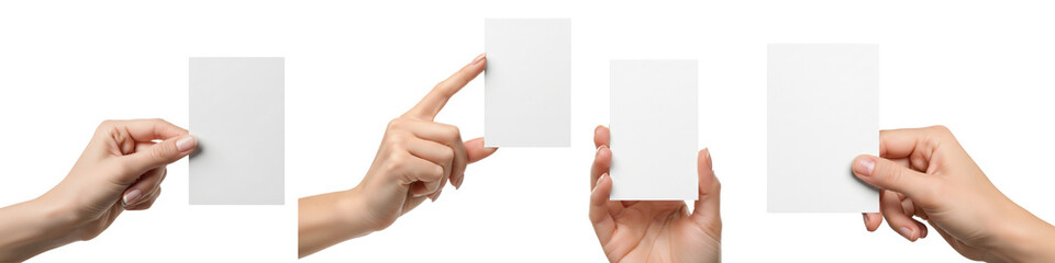 Set of hands holding a blank vertical business cards isolated on white