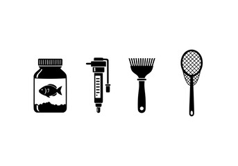 Black vector icons group  with aquarium equipment icons showing fish food ,heater, brush and net in a simple graphic representation silhouette