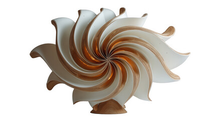 Spiral wooden sculpture with white petal design