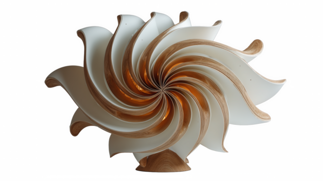 Spiral wooden sculpture with white petal design - Powered by Adobe