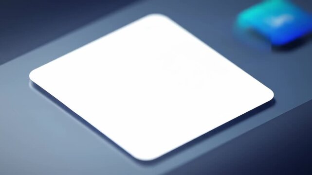 Blank White Square Button on Modern Tech Surface with Blurred Neon Light Background