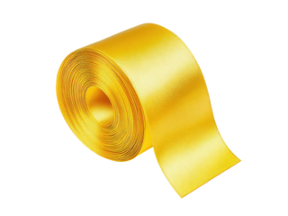 A yellow ribbon is rolled up on a white background