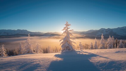The mountains during winter, showcasing a serene landscape with snowy peaks and a warm sunrise glow