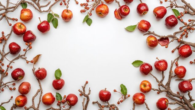 White background featuring red apples on branches, ideal for editorial header background - Powered by Adobe