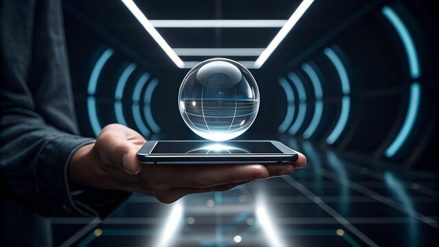 Futuristic technology sphere hovers over smartphone in a sleek, modern digital environment
