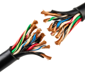 Severed thick black electrical wire showing colorful conductors isolated on transparent background