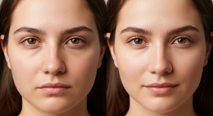 Visual comparison of a young woman's facial skin transformation, highlighting the significant reduction of under-eye circles and a smoother, more revitalized complexion for an enhanced, refreshed look