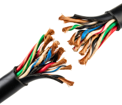 Severed thick black electrical wire showing colorful conductors isolated on transparent background