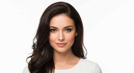 Captivating portrait of a beautiful young woman with luscious dark hair and a warm, inviting smile, exuding confidence and elegance against a crisp white background