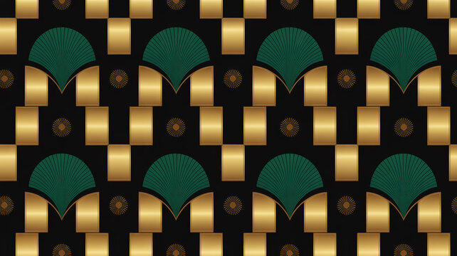 Luxurious seamless Art Deco pattern, black background, emerald green fan shapes, metallic gold rectangles, sunburst motifs, geometric symmetry, elegant decorative wallpaper, high-detail. - Powered by Adobe