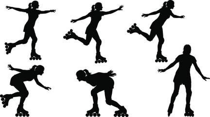 Roller skating silhouette, dynamic poses, black figure, inline skates, minimal design, motion study, athletic movement, sport concept, graceful glide, balance