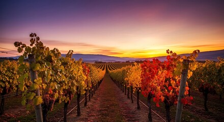 Naklejka premium Vibrant Fall Background of a Vineyard During Sunset