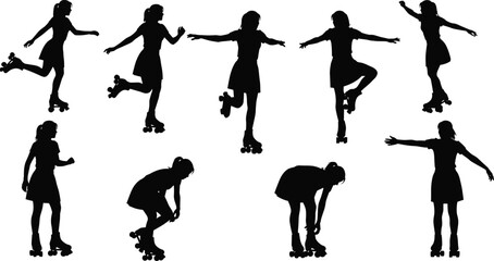 Roller skating silhouette, dynamic poses, black figure, inline skates, minimal design, motion study, sport concept, graceful movement, balance, expression
