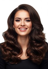 A captivating portrait of a radiant young woman with a joyful smile, showcasing her beautiful, voluminous wavy dark brown hair and elegant features in a bright studio setting