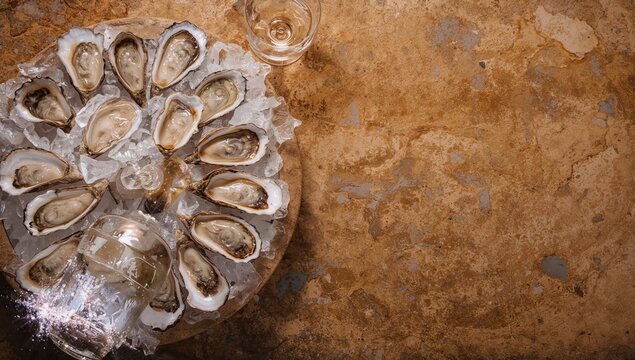 Oysters and white wine placed on a table, suitable for editorial header background