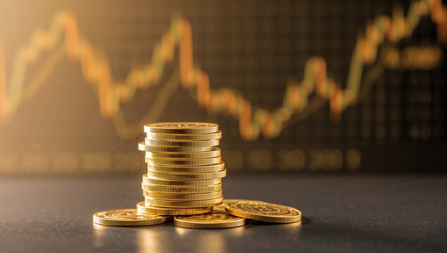 A stack of gold coins on a financial graph background, symbolizing investment potential - Powered by Adobe