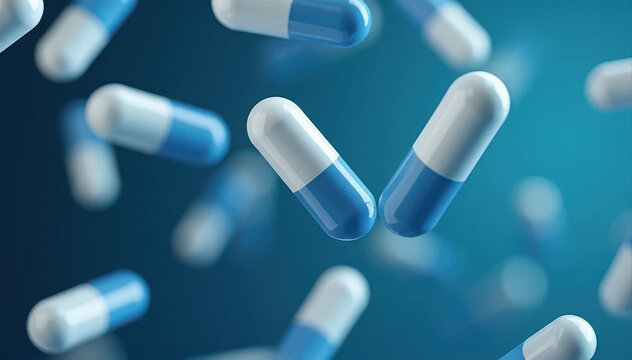 The image showcases blue and white capsules floating against a softly blurred dark blue background, conveying depth and motion.