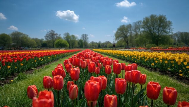 Rows of vibrant red and yellow tulips blooming, spring season, garden backdrop