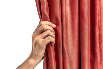 Fototapeta premium close-up hand gently pulls back luxurious red curtains, allowing bright light to flood into the room. scene captures a moment of anticipation in a cozy indoor space