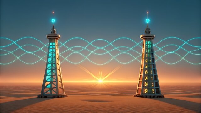 Futuristic towers transmit energy waves in a surreal desert landscape at sunset