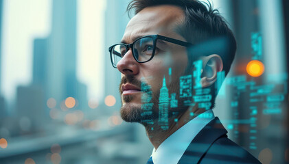 A thoughtful man in glasses gazes out a window at a futuristic cityscape enhanced with digital data overlays, symbolizing the fusion of business and technology.