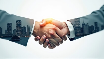 A business handshake blends seamlessly with a city skyline, representing partnership and collaboration.