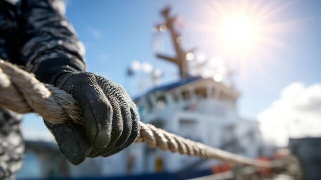 311Thick rope tightly held by gloved hand, soft-focus research vessel in harbor behind, bright sun overhead casting shadows on rope and glove, crisp textures with cinematic framing