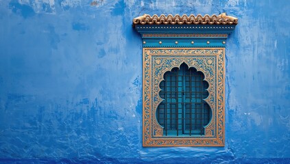 The blue wall paired with a window, creating a vibrant backdrop for artistic display