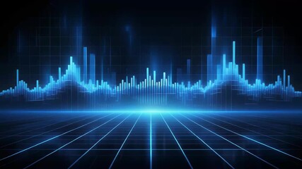 Glowing blue digital bar graph rising and falling on a grid background representing financial data and market trends - Powered by Adobe