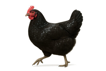 Fototapeta premium Black hen stepping, poultry looking, farm animal, livestock, domestic bird, fowl, transparent isolating background