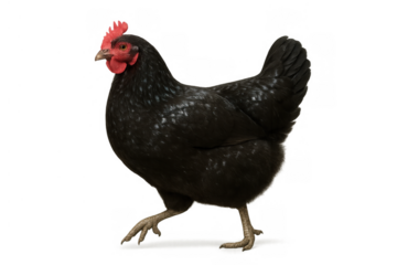 Black hen stepping, poultry looking, farm animal, livestock, domestic bird, fowl, transparent isolating background