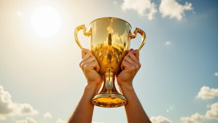 A person holds a golden trophy high against a bright sky, reflecting sunlight and symbolizing victory.