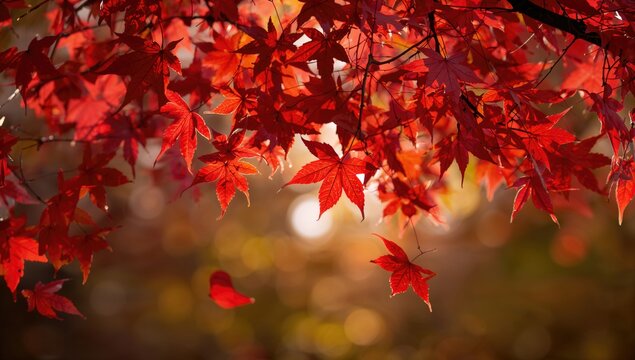 Red maple leaves fluttering in the breeze, vibrant autumn colors reflecting sunlight, seasonal change - Powered by Adobe