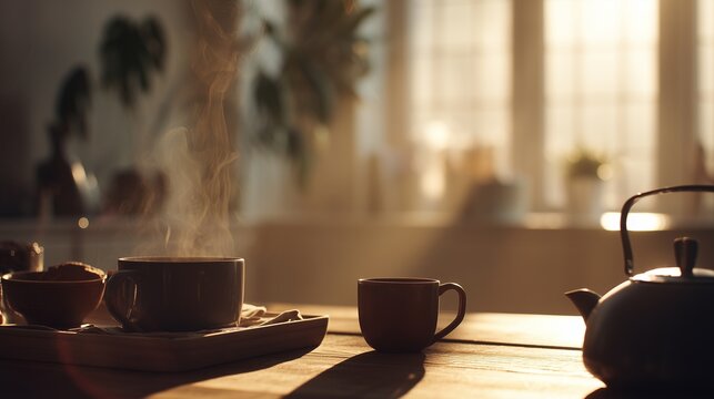 A steaming cup of coffee and a petite teacup sit on a wooden table as soft sunlight spills into the room. The cozy atmosphere invites moments of warmth and relaxation. - Powered by Adobe