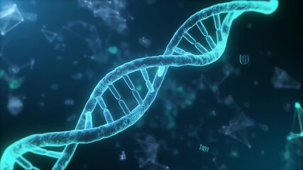 A glowing DNA helix rotates in a calm scientific environment with floating data particles. Represents genetic research and biotechnology advancement - Powered by Adobe