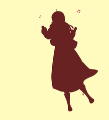 外出する女性　両手で握りこぶしを作る　はしゃぐ　ロングヘア　冬　シルエット