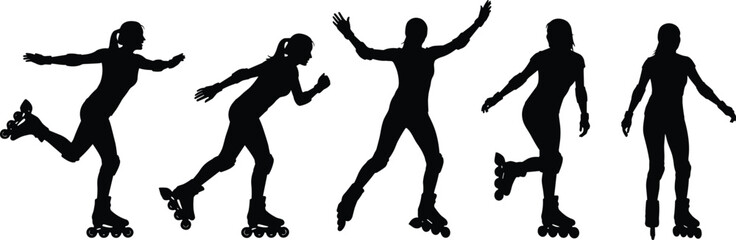 Rollerblading silhouette, woman in motion, dynamic poses, inline skates, black figure, minimal design, skating balance, sport concept, active glide, movement