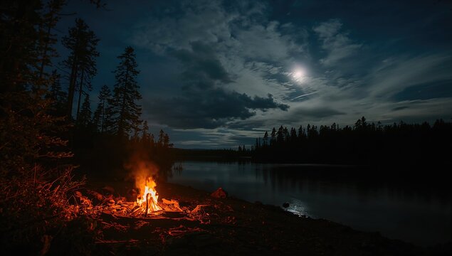 A tranquil evening by a lakeside campfire, with silhouetted trees and a cloudy sky, promoting relaxation and outdoor enjoyment