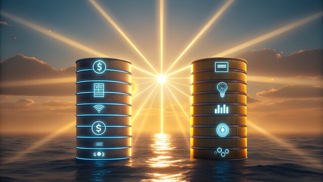 Futuristic data servers float on ocean waves under a radiant sun, symbolizing innovation and growth.