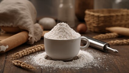 Wheat flour in a cup, essential ingredient for homemade dough preparation