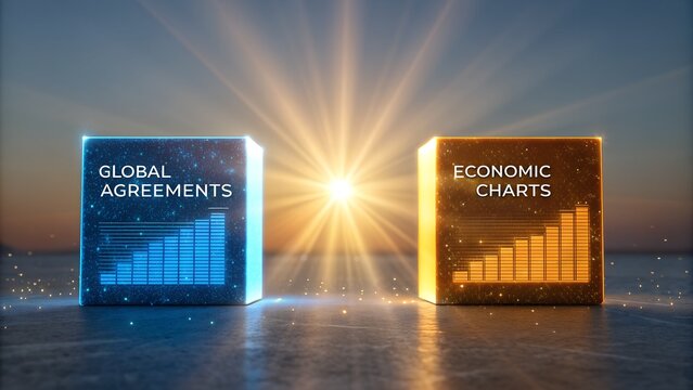 Global agreements and economic charts symbolize financial growth and international cooperation