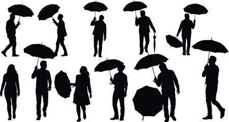 Umbrella silhouettes, walking people, rainy day, outdoor crowd, black figures, human posture, weather protection, minimal design, urban scene, interaction