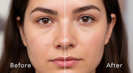 Close-up split view illustrating the remarkable transformation of a young woman's skin from a natural state to a beautifully refined and clear complexion