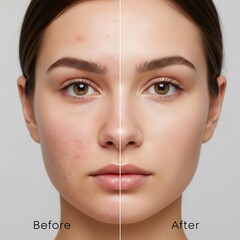 Before and after close-up of a woman's face, demonstrating dramatic skin improvement from blemishes to a clear, smooth, and radiant complexion after treatment