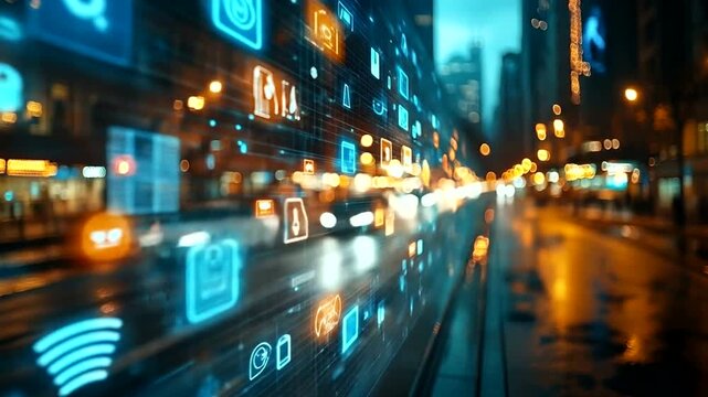 Futuristic digital overlay on a rainy city street - Powered by Adobe