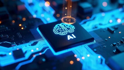 Ai microchip innovation glowing neural processor technology illuminated circuit board advanced artificial intelligence hardware futuristic chipset digital brain computing system design - Powered by Adobe