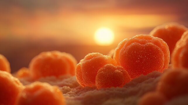 Vibrant orange adipocytes cluster together, showcasing their distinct rounded shapes against a glowing sunset backdrop. The scene emphasizes these orange adipocytes, reflecting war